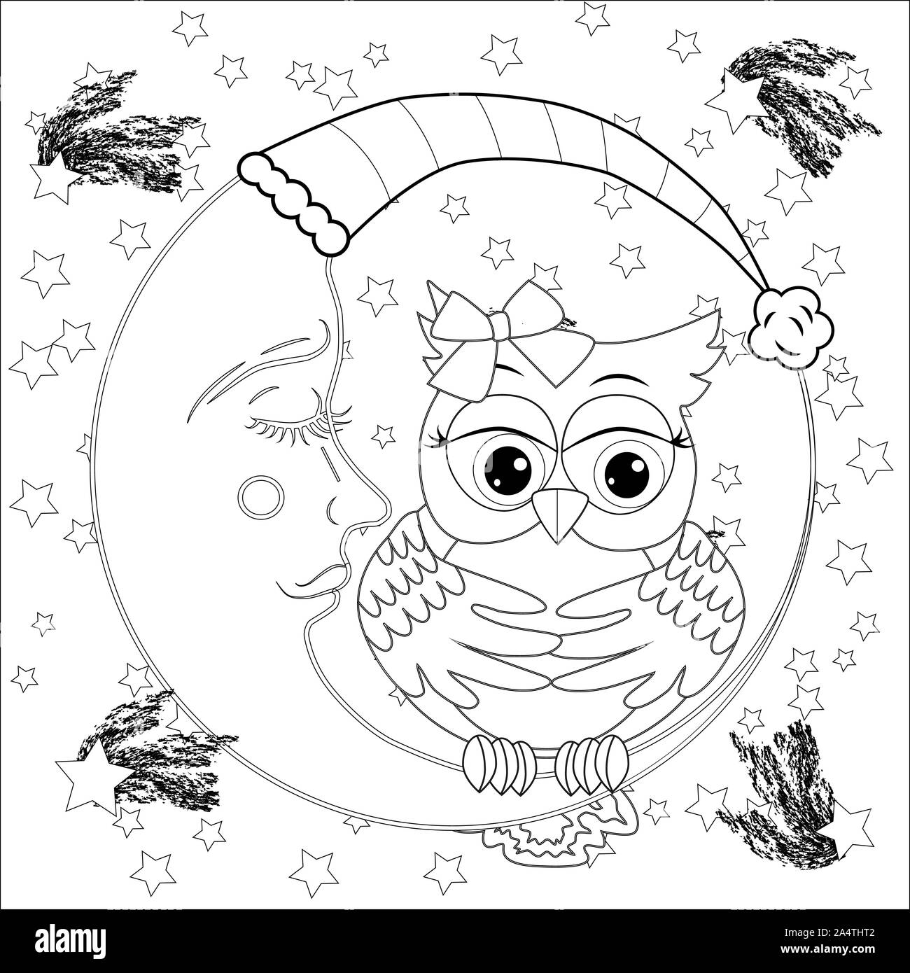 Cute owl on half moon with stars Adult anti stress coloring book or tattoo  boho style Stock Photo  Alamy