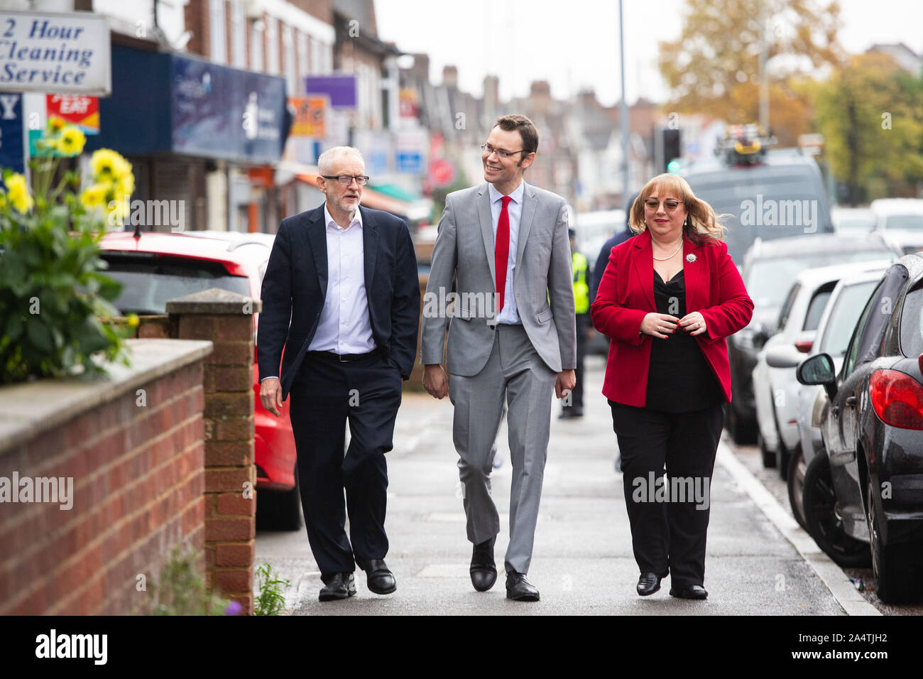 (left to right) Labour leader Jeremy Corbyn, Prospective Parliamentary Candidate Chris Ostrowski and Shadow Health Secretary Sharon Hodgson arrive for a visit to a pharmacy in Watford to talk about his party's NHS plans. PA Photo. Picture date: Wednesday October 16, 2019. See PA story POLITICS Labour. Photo credit should read: Dominic Lipinski/PA Wire Stock Photo