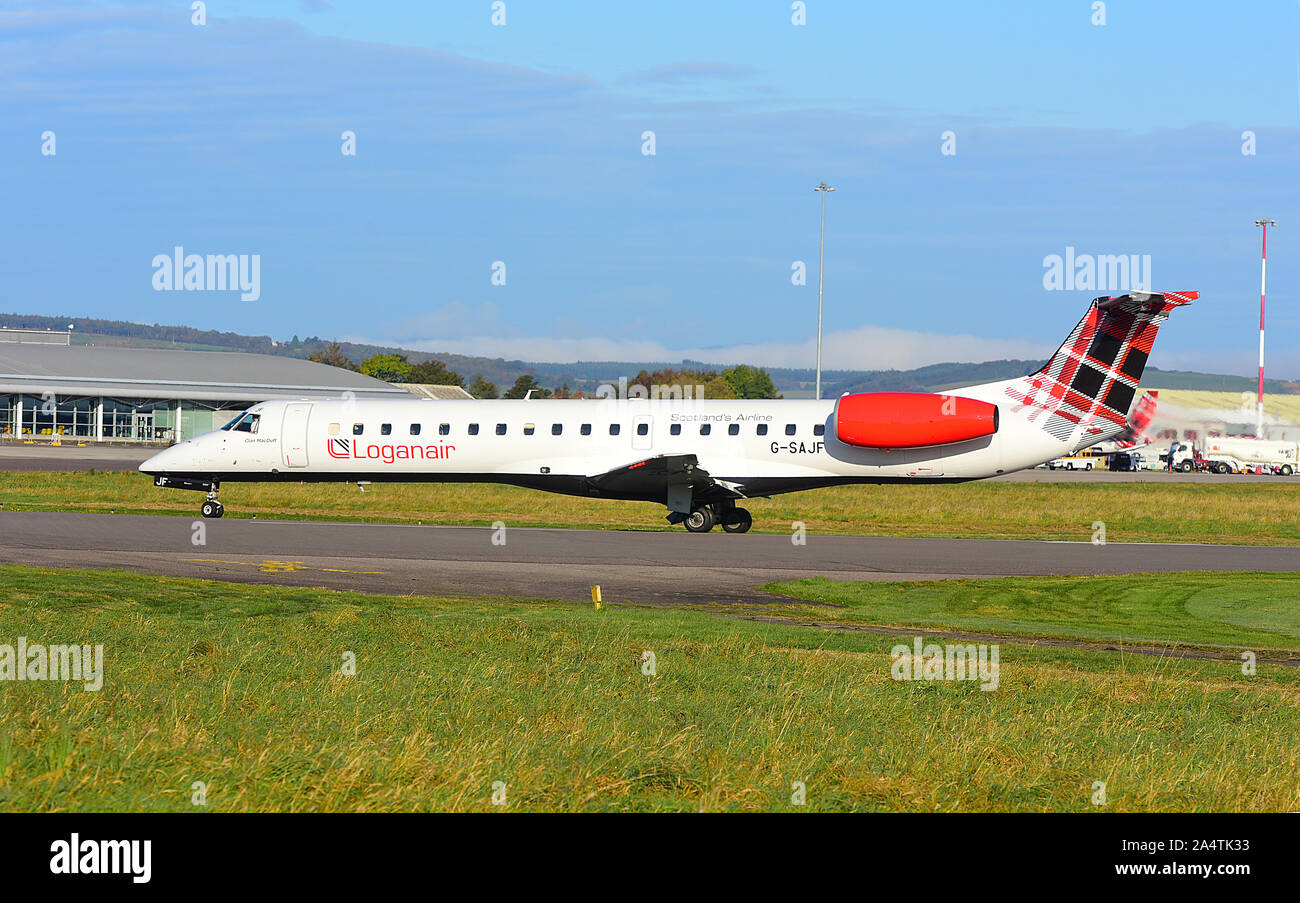 An Embraer ERJ145 twin engined jet arriving at Inverness airport. Stock Photo