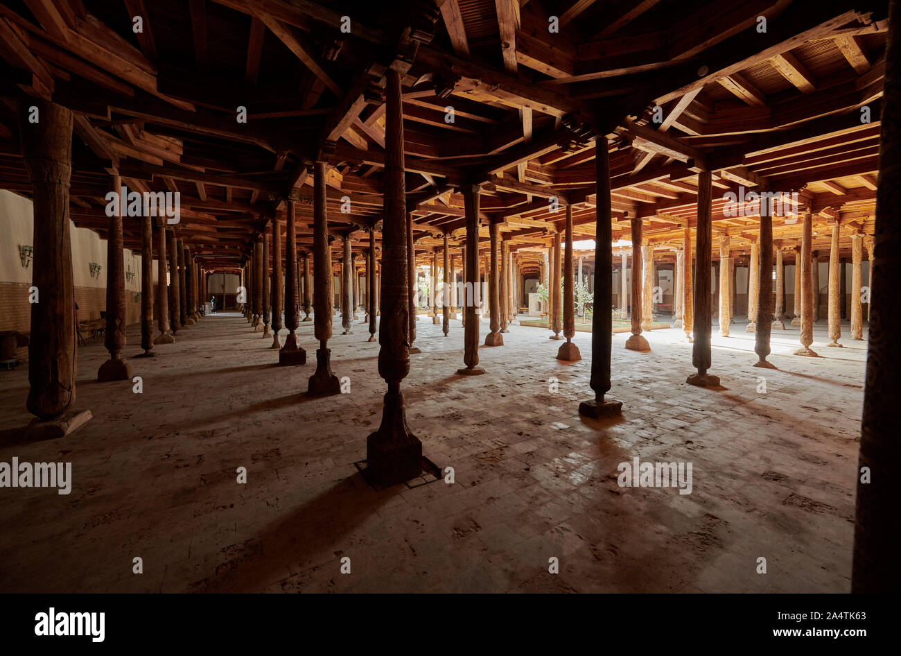 old carved wooden columns in Djuma Mosque old town Khiva, Itchan-Kala, Khiva, Uzbekistan, Central Asia Stock Photo