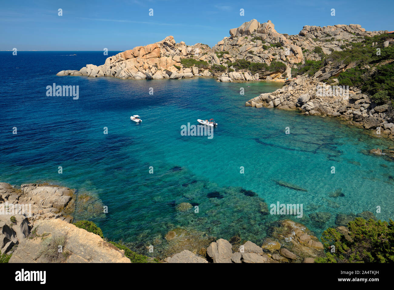 The rugged granite rock formations and coastline landscape of Capo Testa, Santa Teresa di Gallura, Olbia-Tempio,on the north coast of Sardinia, Italy. Stock Photo