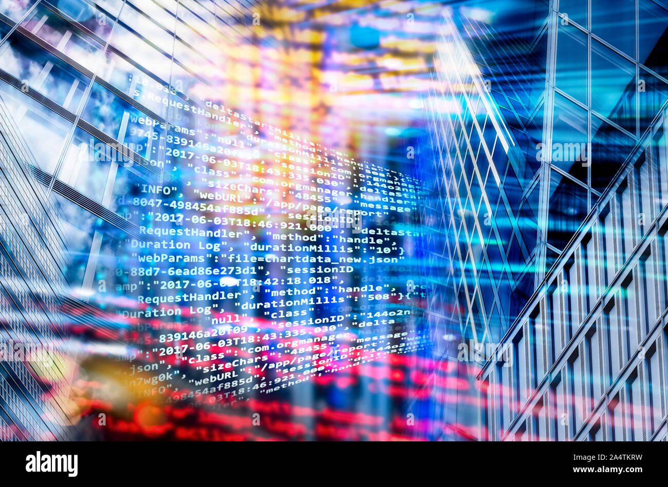 Program code with abstract technology background and facades of skyscrapers Stock Photo