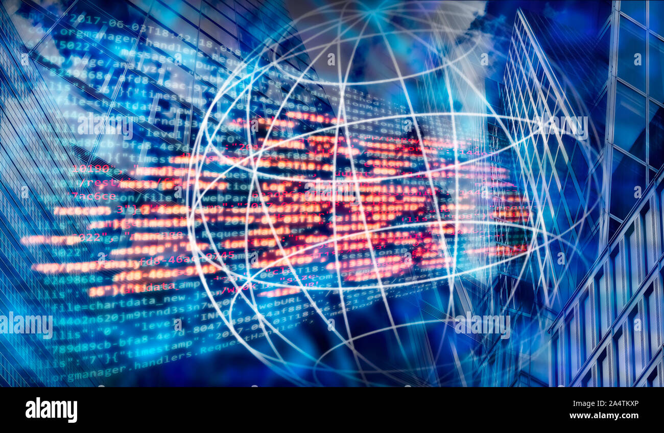 Programming code and global network with technology background and skyscrapers Stock Photo