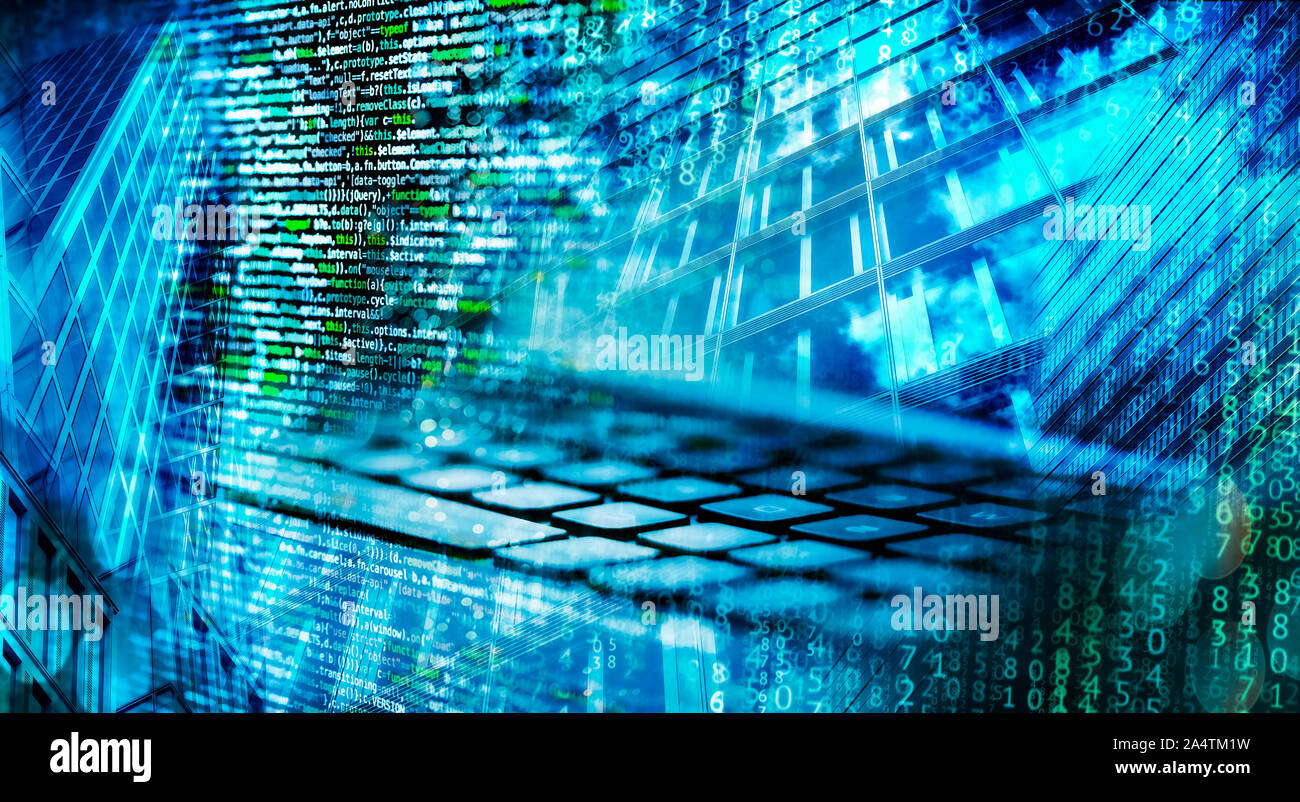 Program code with abstract technology background and facades of skyscrapers Stock Photo