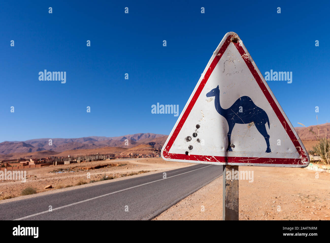 Attention Camels sign beside a street in Morocco. In the background the Atlas mountain range is visible. Stock Photo