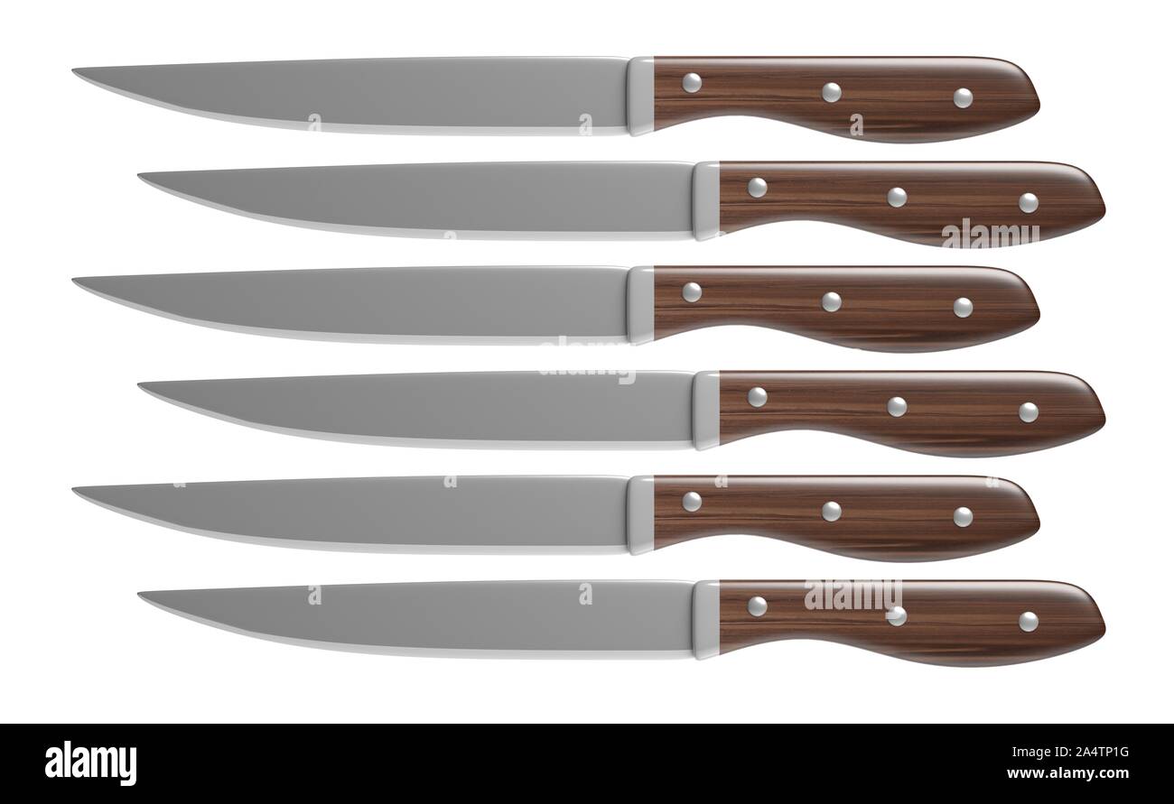 Kitchen knives set for carving with wood handle isolated cutout against white background. 3d
