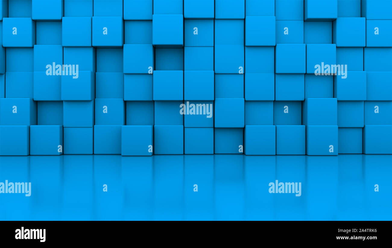 3d rendering wall of blue cubes located at different levels in a blue ...