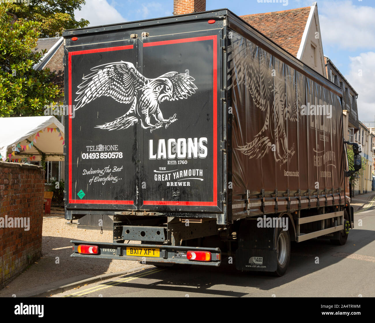 Lacons brewery beer delivery lorry in town centre of Woodbridge, Suffolk, England, UK Stock Photo