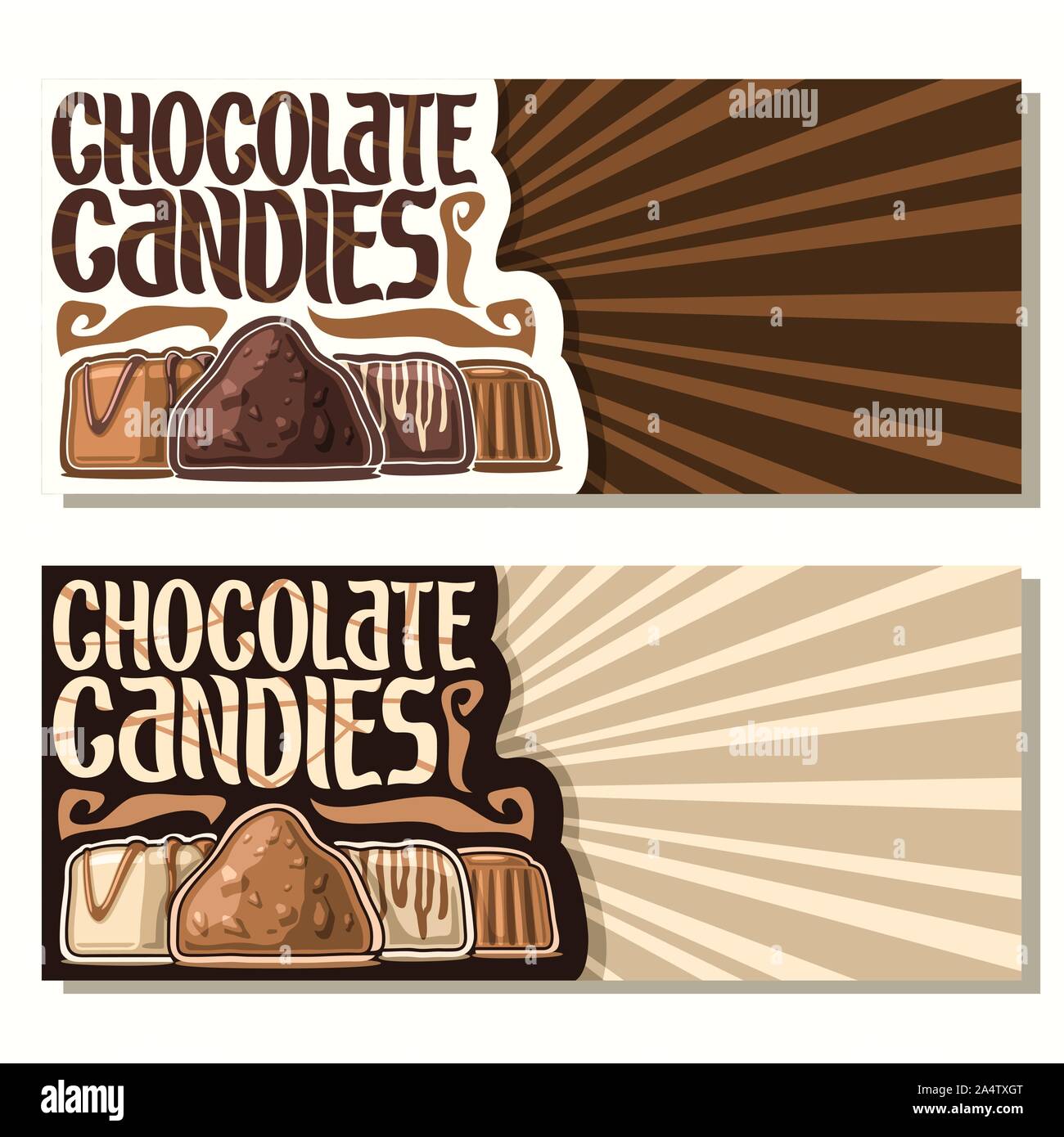 Vector banners for Chocolate Candies with copy space, swiss praline, belgian bonbons covered of milk glaze, sweet dark truffle and gourmet chocolate b Stock Vector