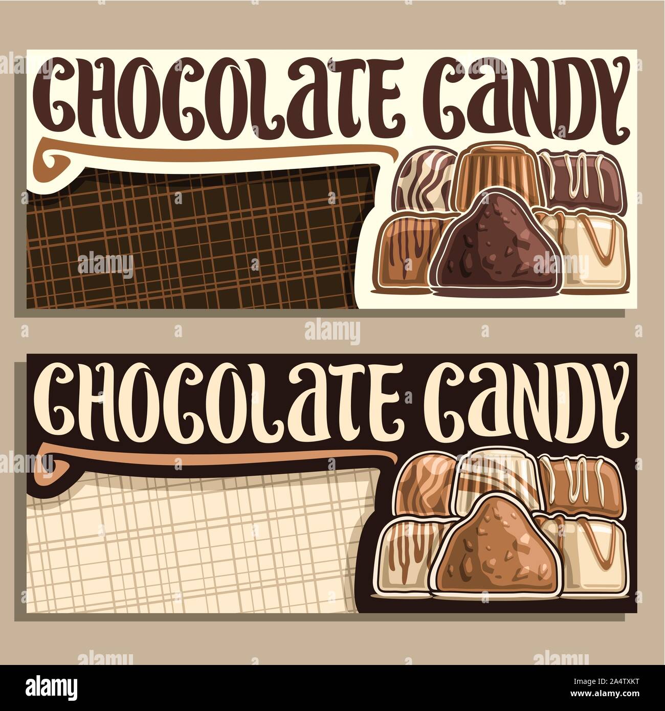 Vector banners for Chocolate Candy with copy space, pile of swiss praline, belgian bonbon covered of milk glaze, sweet dark truffle and chocolate bar, Stock Vector