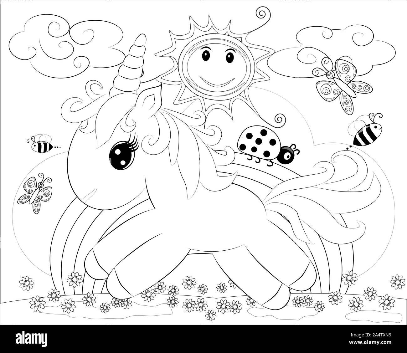 Coloring pages. Little cute pony and rainbow Stock Photo - Alamy