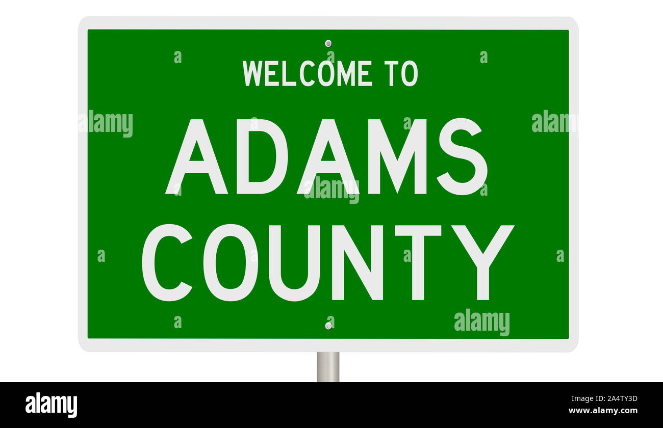 Rendering of a green 3d highway sign for Adams County Stock Photo