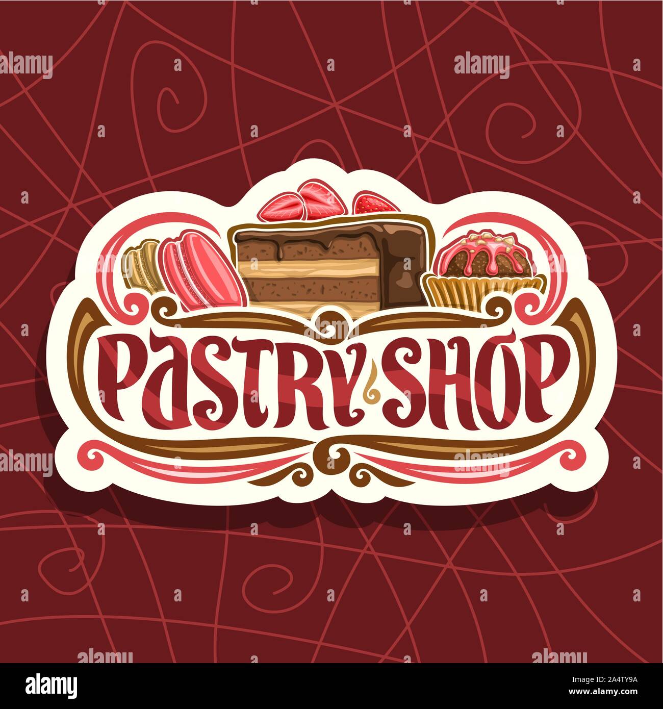 Vector logo for Pastry Shop, cut paper signage with pink french macaroon, slice of chocolate cake covered glaze with strawberry and cocoa dessert in w Stock Vector
