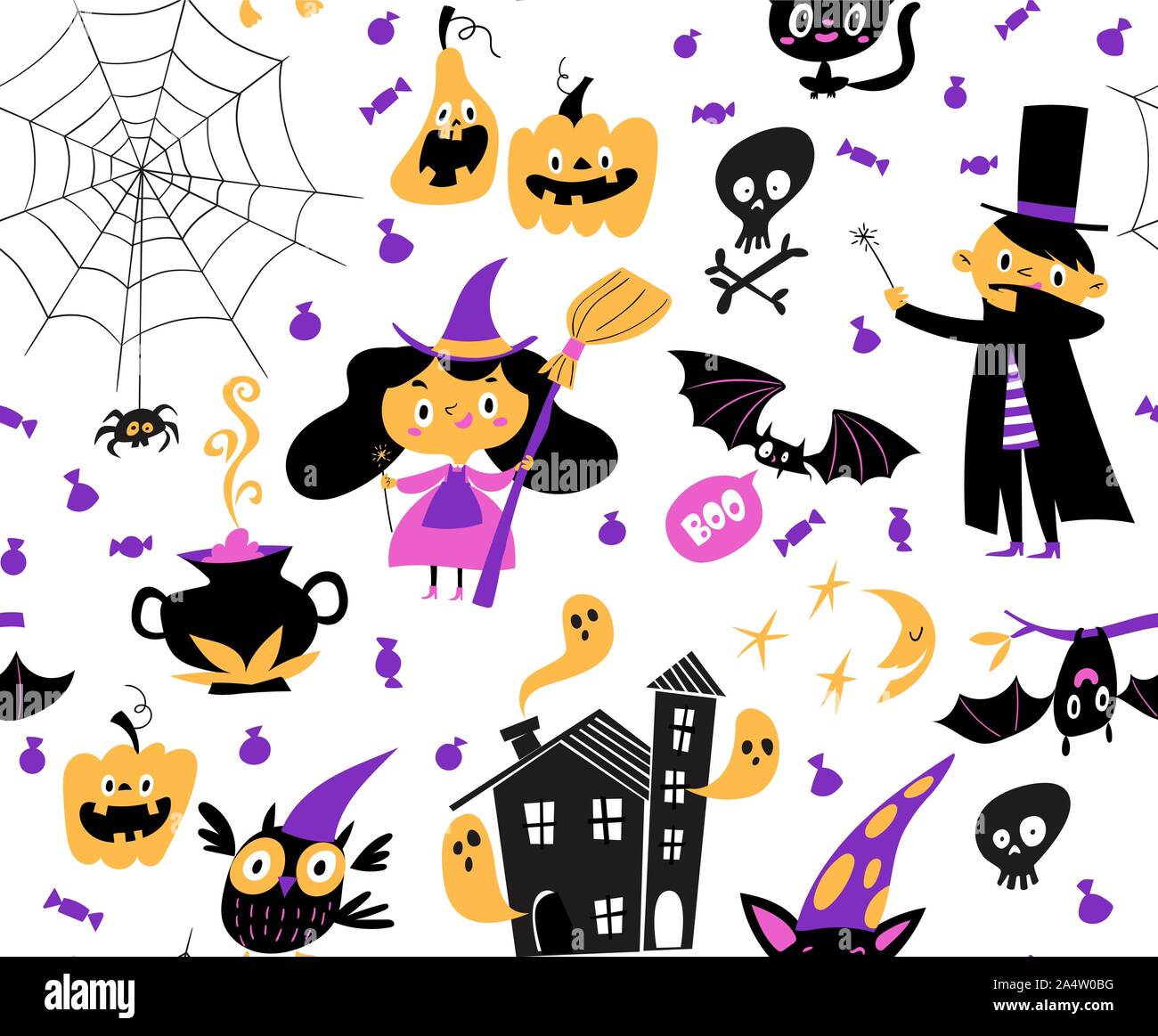 Vector seamless pattern for Halloween with funny cartoon characters. Stock Vector