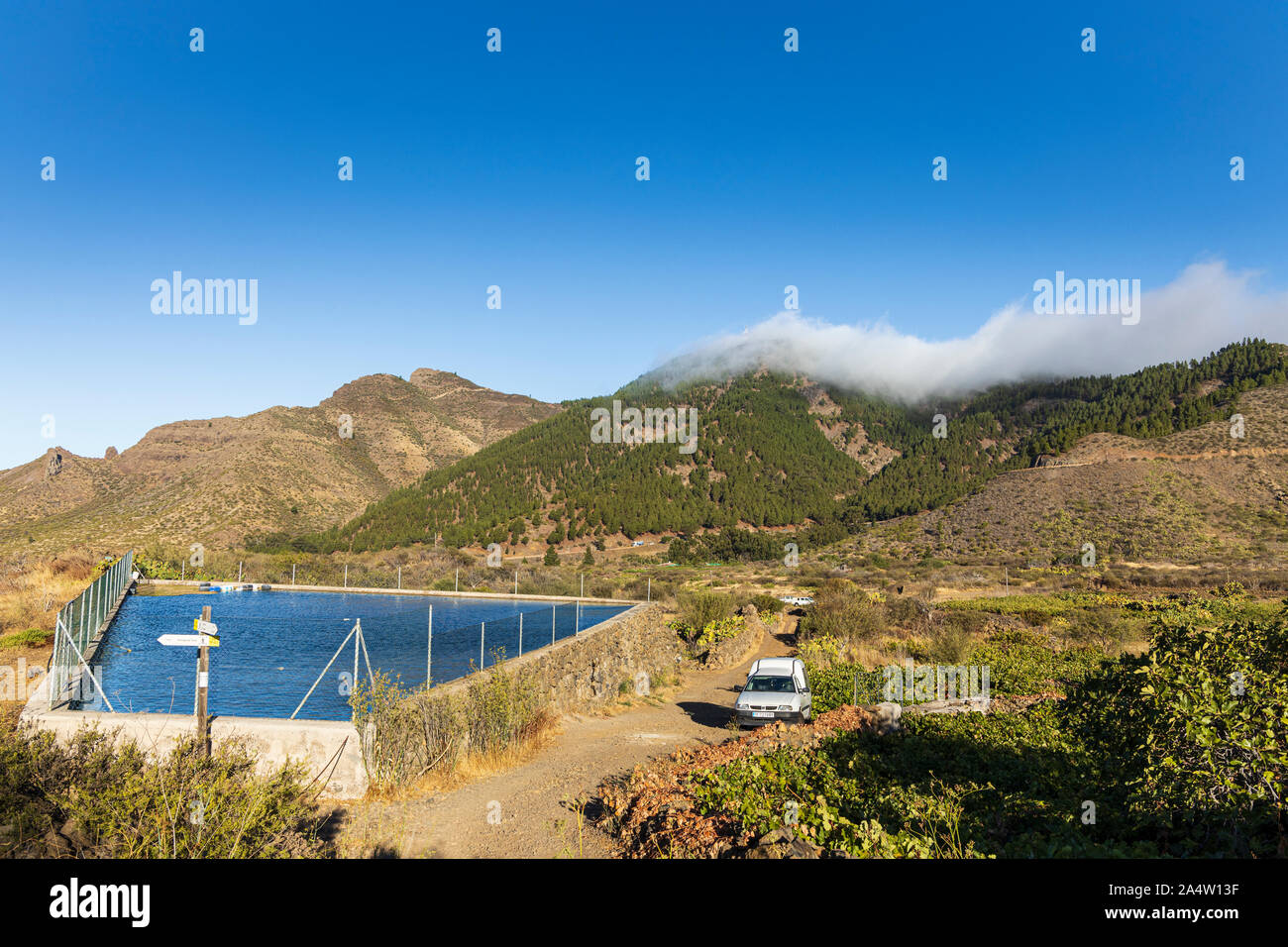 Irrigation water in a holding tank in Valle Arriba, Santiago del Teide, Tenerife, Canary Islands, Spain Stock Photo