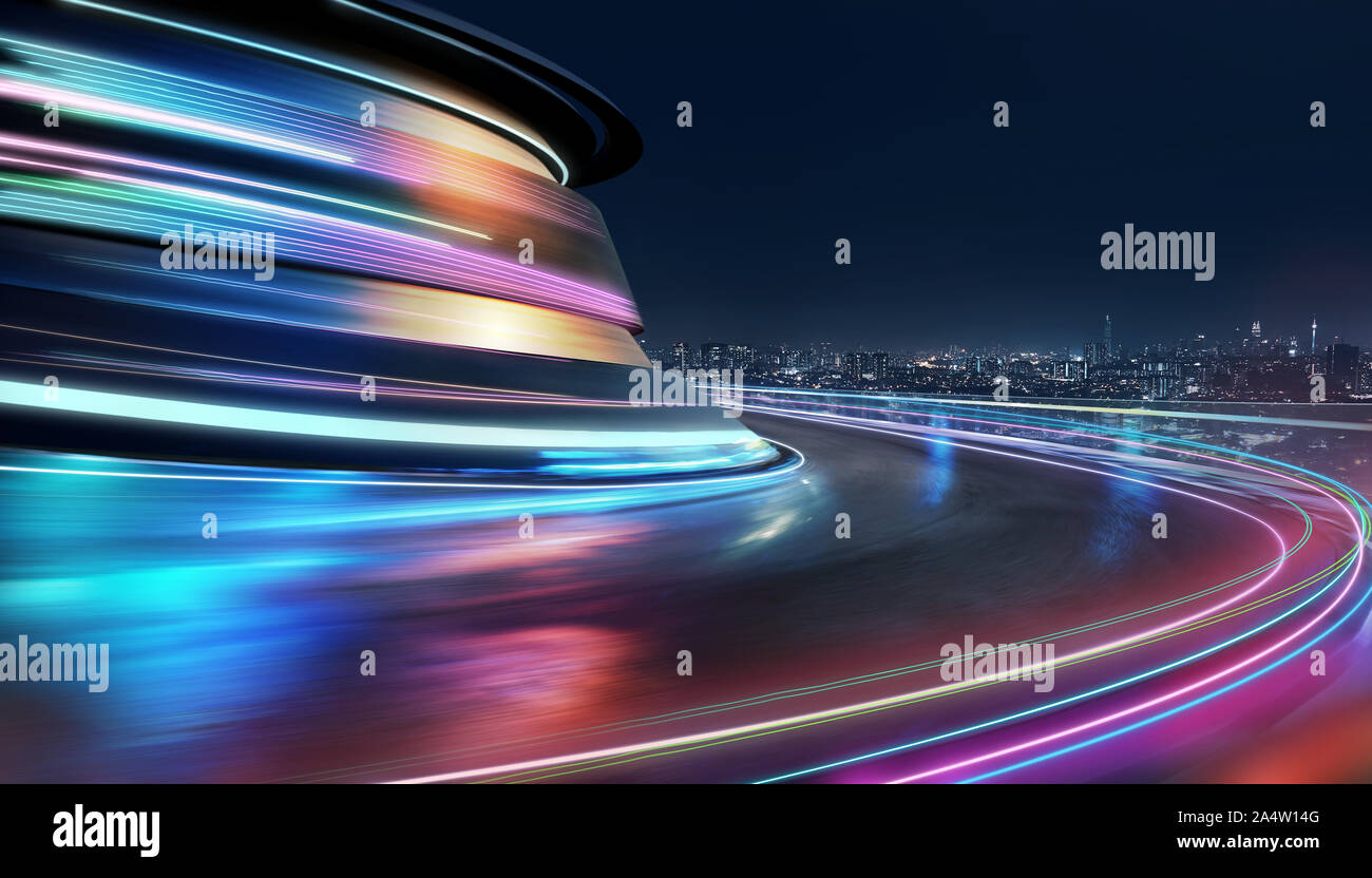 Abstract motion curvy urban road with neon light motion effect applied . Automobile background use concept . Stock Photo