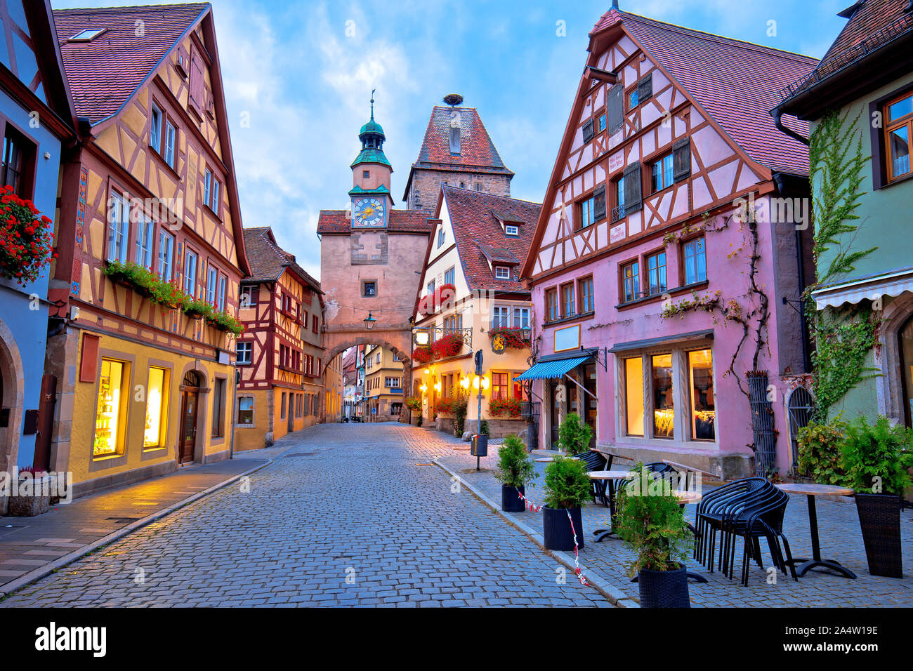 Cobbled street of historic town of Rothenburg ob der Tauber dawn view, Romantic road of Bavaria region of Germany Stock Photo