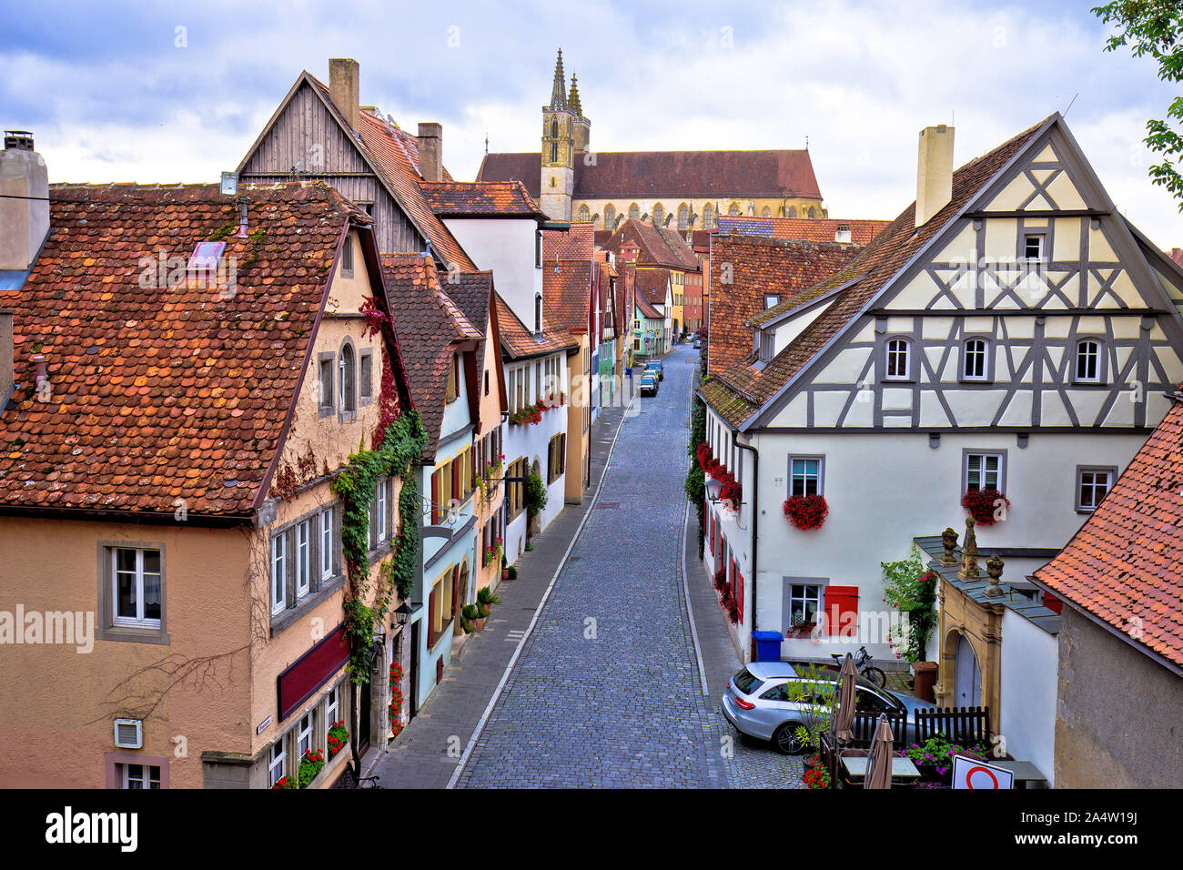 Colorful cobbled street of historic town of Rothenburg ob der Tauber view, Romantic road of Bavaria region of Germany Stock Photo