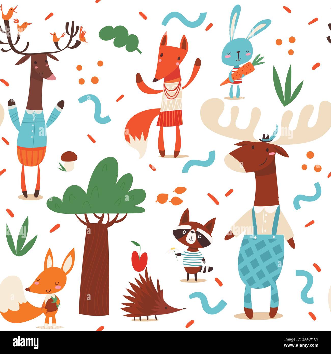 Vector seamless pattern in kids style with cartoon forest animals Stock ...