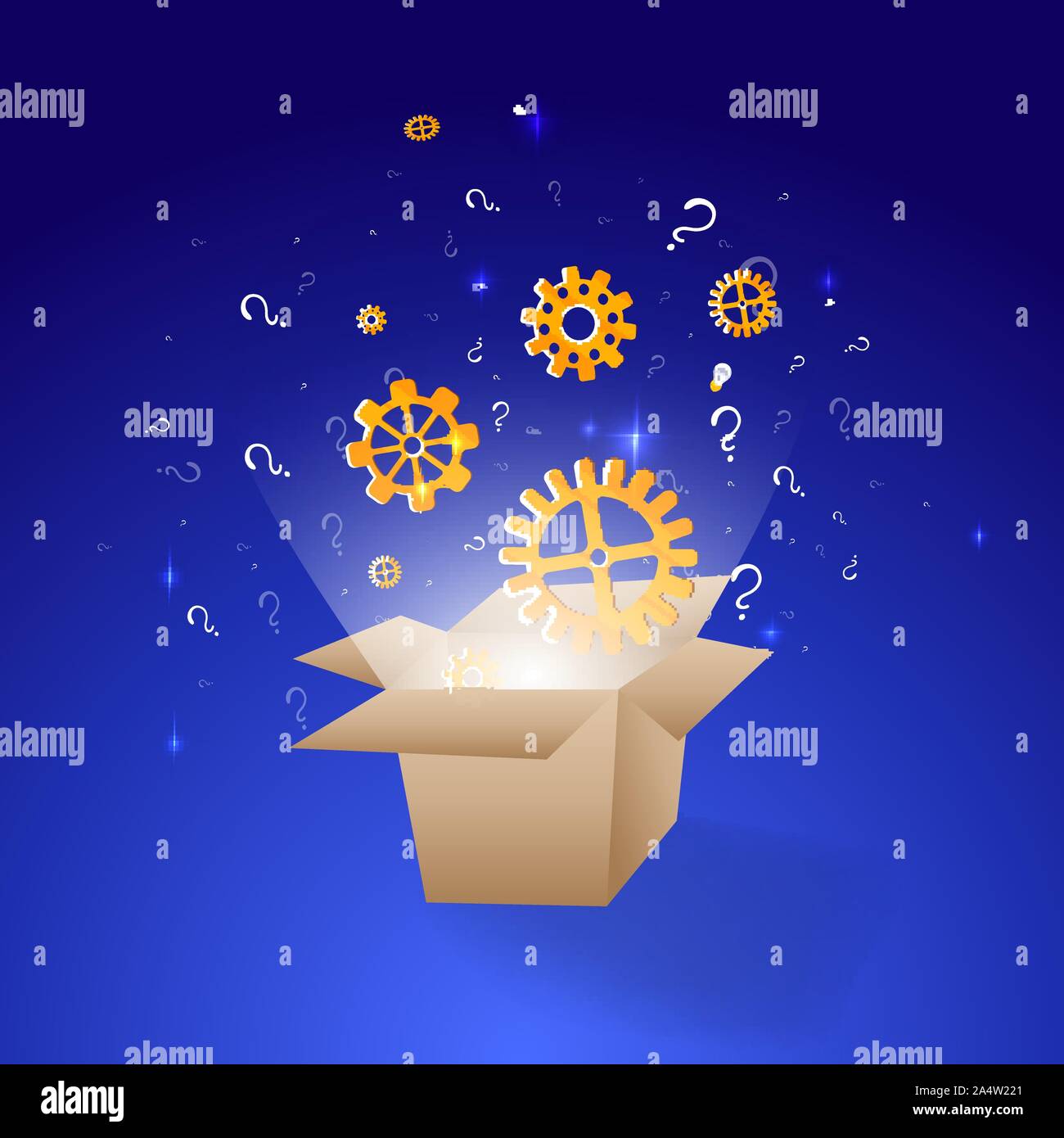 Everything begins with a creative idea poster, cute vector cartoon illustration for web and print. Box with gears bokeh lights, innovation smart inspi Stock Vector