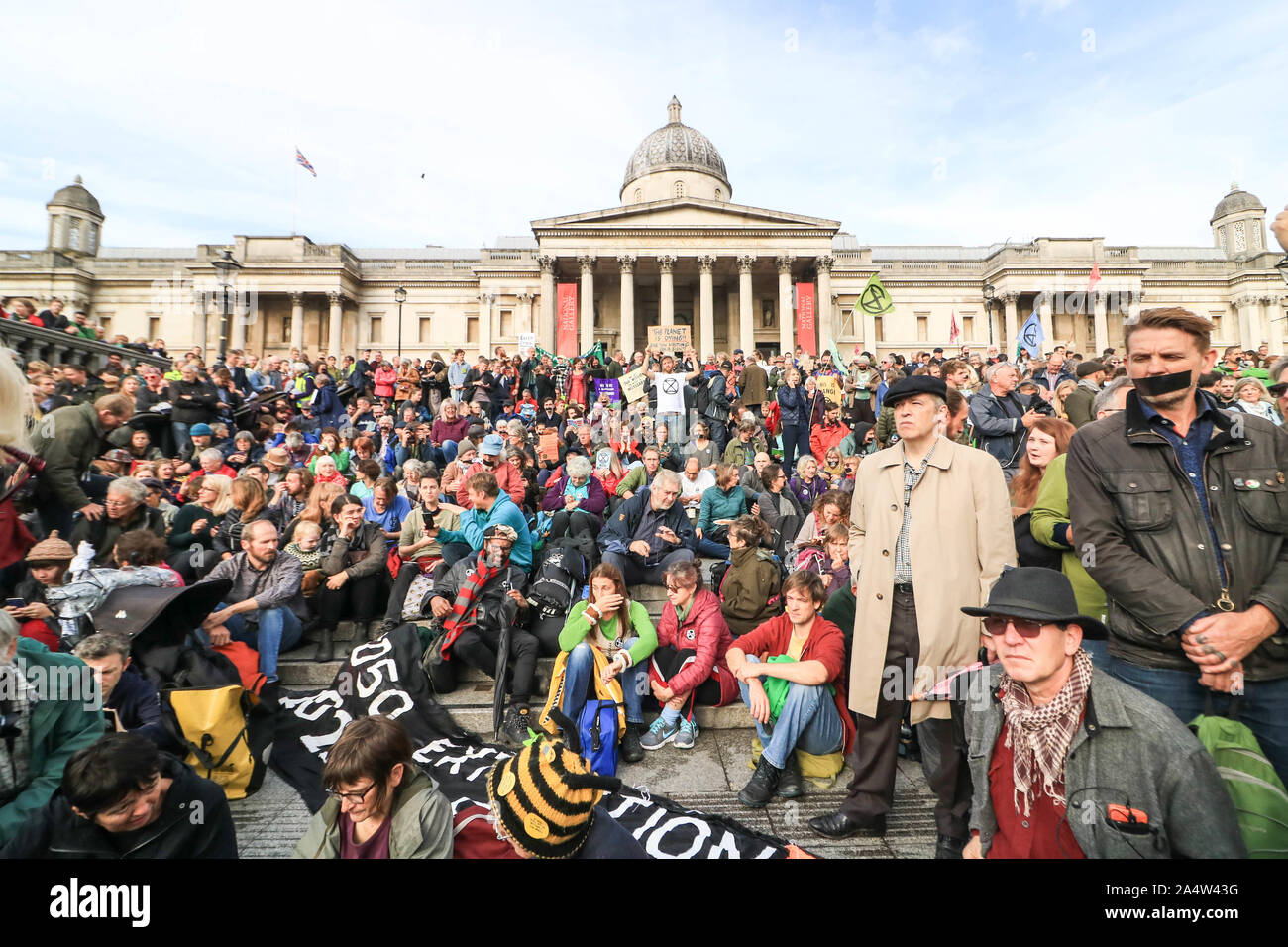 London, UK - 16 October 2019. Climate activists from Extinction rebellion stage a protest vigil in Trafalgar Square to demonstrate against section 14 of the public order act 1986 issued by the Police banning protests. Extinction Rebellion has sought a judicial review to challenge a London-wide protest ban in the High courts Credit: amer ghazzal/Alamy Live News Stock Photo