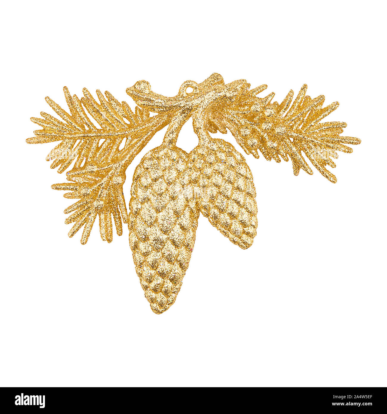 Christmas golden decoration pine branch with needles and cones isolated ...