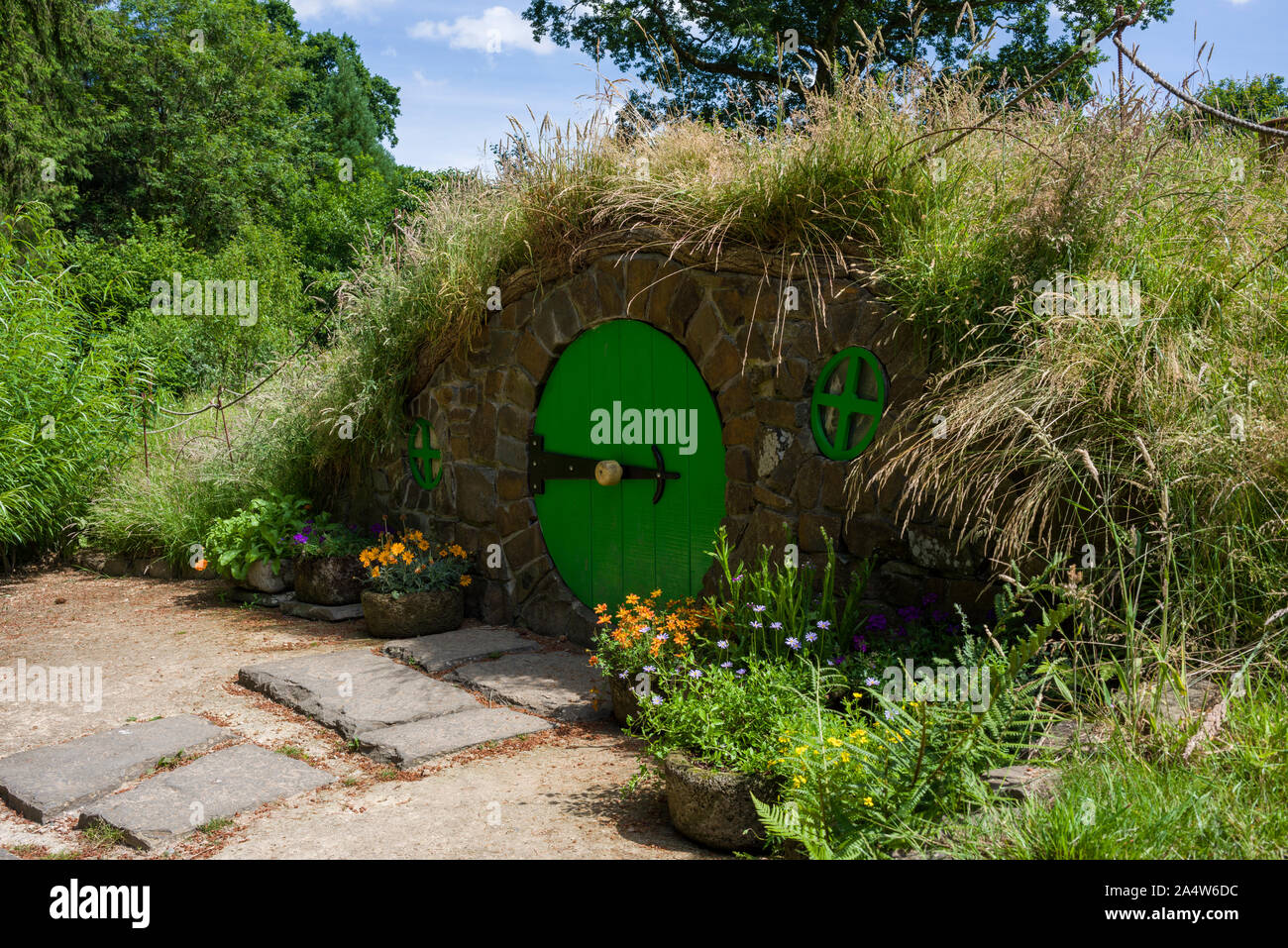 A hobbit inspired garden at RHS Rosemoor in summer near Great Torrington, Devon, England. Stock Photo