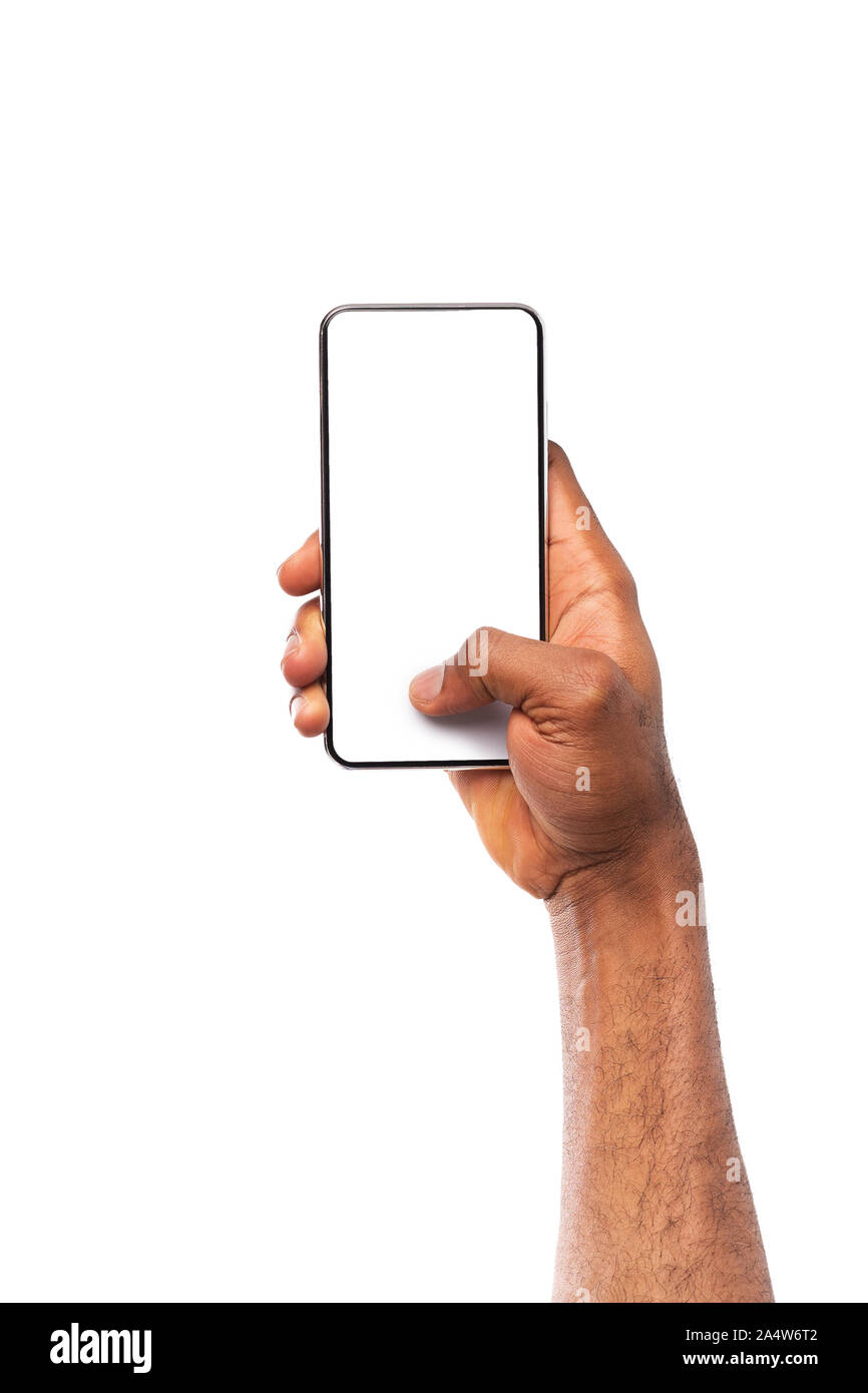 Mockup Image Of Black Hand Holding Smartphone With Blank Screen Stock