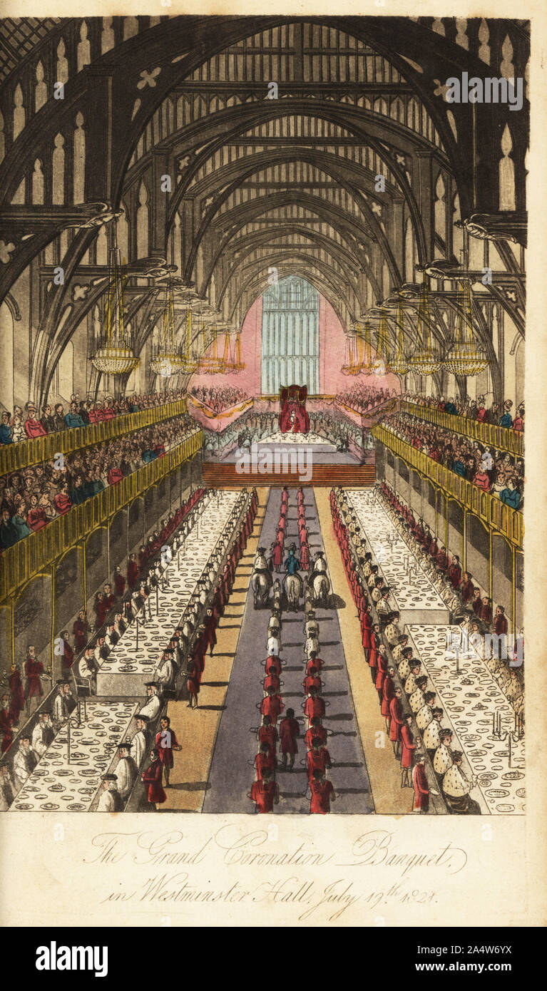 Coronation banquet of King George IV, Westminster Hall,  1821. The Challenge of the Champion, a knight in armour on horseback, accompanied by the Duke of Wellington, throws down the gauntlet. Two rows of tables occupied by nobles in ermine before the king on a canopied throne at the top table. The Grand Coronation Banquet in Westminster Hall, July 17 1821. Handcoloured copperplate engraving from Real Life in London, or, the Further Rambles and Adventures of Bob Tallyho, Esq. and His Cousin The Hon. Tom Dashall, through the Metropolis, Jones, London 1821. Anonymous imitation of Pierce Egan’s Li Stock Photo