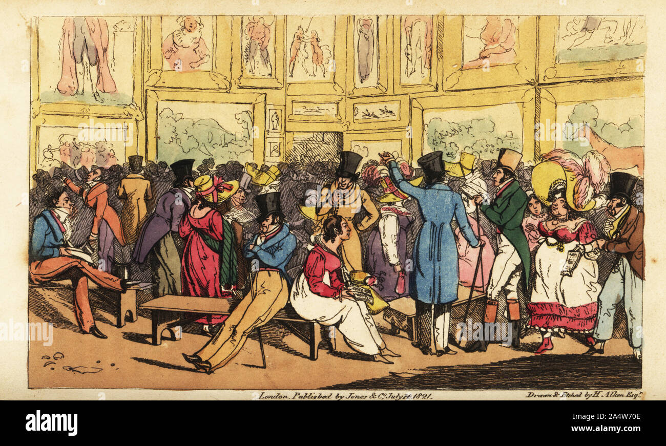 Regency dandies and ladies at the Royal Academy art exhibition. Exhibition, Somerset House. Tom & Bob among the Connoisseurs. Handcoloured copperplate engraving after an illustration by Henry Alken from Real Life in London, or, the Further Rambles and Adventures of Bob Tallyho, Esq. and His Cousin The Hon. Tom Dashall, through the Metropolis, Jones, London 1821. Anonymous imitation of Pierce Egan’s Life in London. Stock Photo