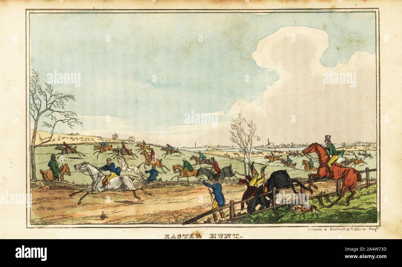 Regency dandies riding out on a stag hunt, Epping, Surrey. Dogs from the Belleville stud. Easter Hunt. Handcoloured copperplate engraving after an illustration by Henry Alken from Real Life in London, or, the Further Rambles and Adventures of Bob Tallyho, Esq. and His Cousin The Hon. Tom Dashall, through the Metropolis, Jones, London 1821. Anonymous imitation of Pierce Egan’s Life in London. Stock Photo