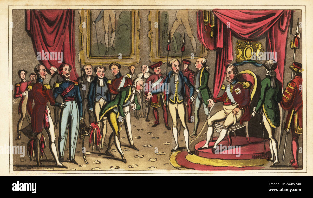 King George IV receiving visitors in Carlton House. Courtiers introduce diplomats and aristocrats to the king on his throne. St. George’s Day. Presentation at the Levee. Handcoloured copperplate engraving from Real Life in London, or, the Further Rambles and Adventures of Bob Tallyho, Esq. and His Cousin The Hon. Tom Dashall, through the Metropolis, Jones, London 1821. Anonymous imitation of Pierce Egan’s Life in London. Stock Photo