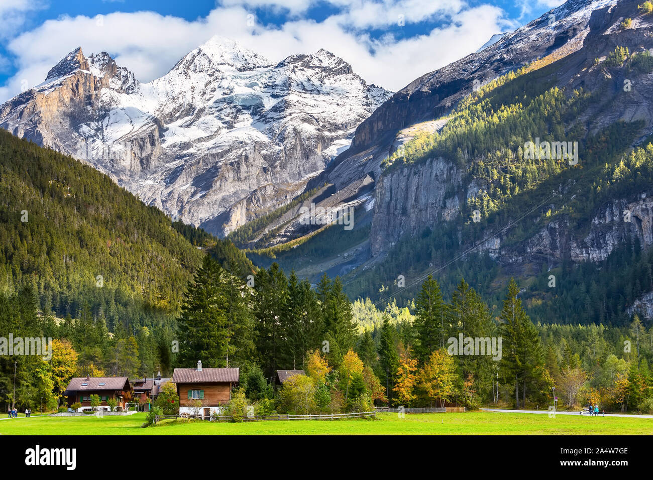 Colorful wooden houses in Kandersteg village, Canton Bern, Switzerland