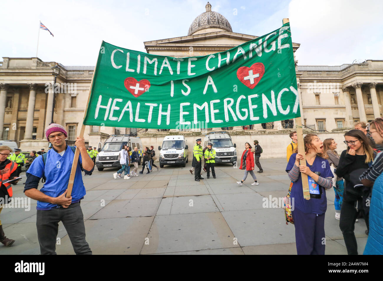 London, UK. 16th Oct, 2019. Climate activists from Extinction rebellion stage a protest vigil in Trafalgar Square to demonstrate against section 14 of the public order act 1986 imposed by the Police banning protests - on 16 October, 2019 in London Credit: amer ghazzal/Alamy Live News Stock Photo