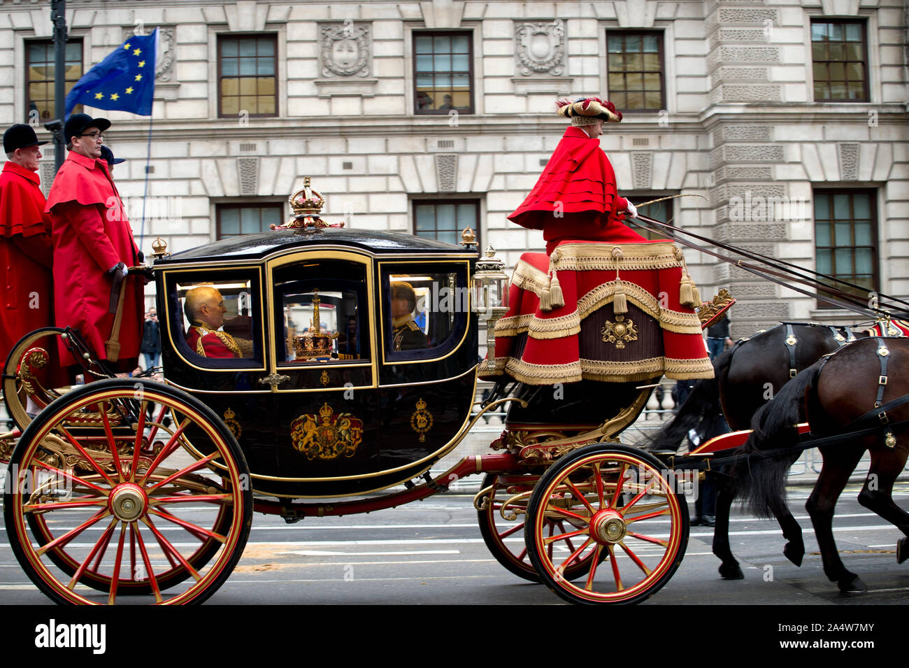 London, Westminster October 14th 2019 State Opening of Parliament. The Queen's crown travelling in its seperate carriage. Stock Photo