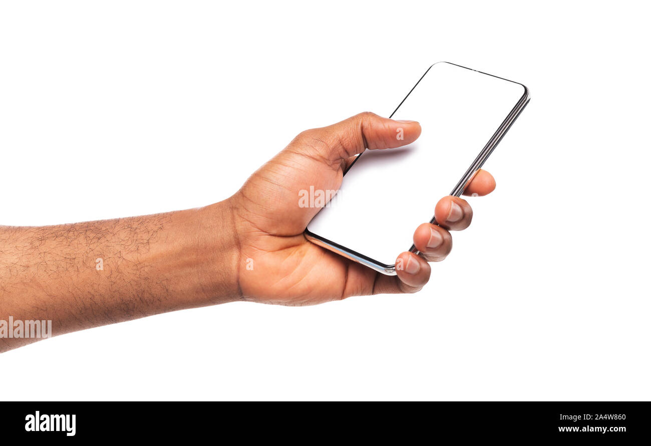 Black man's hand demonstrating modern smartphone with blank screen ...