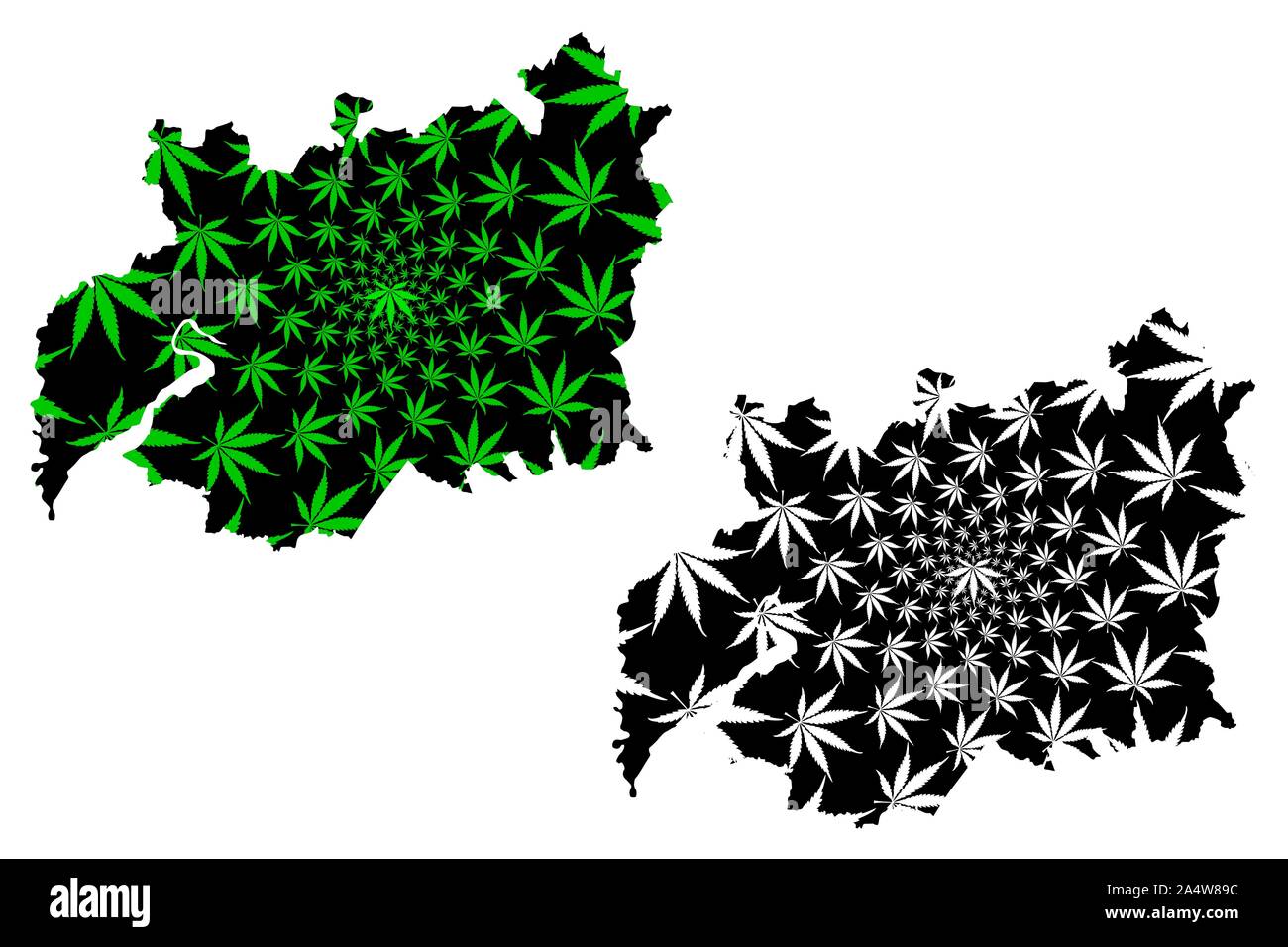 Gloucestershire (United Kingdom, England, Non-metropolitan county, shire county) map is designed cannabis leaf green and black, Gloucs. (Glos.) map ma Stock Vector