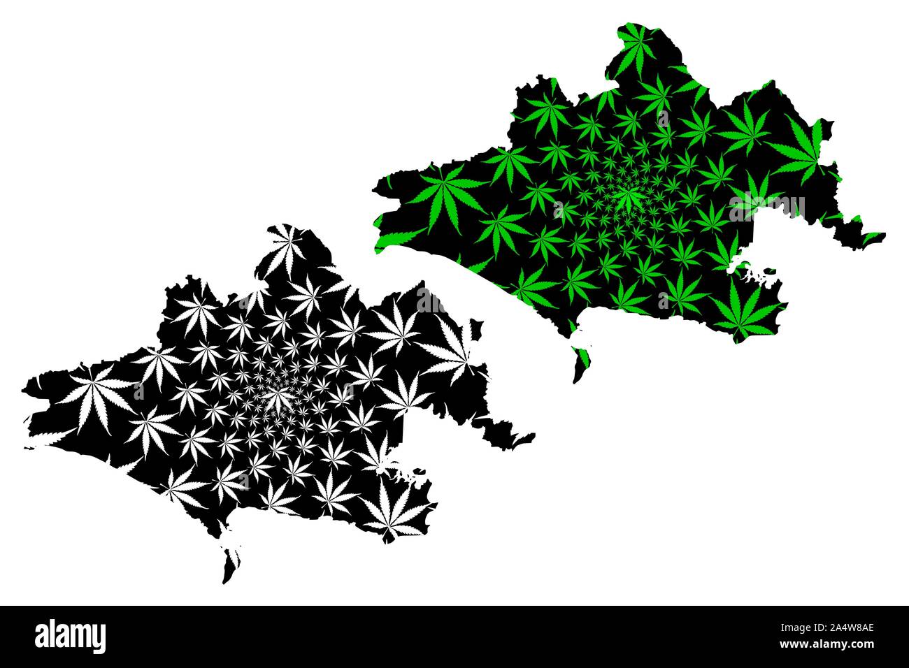 Dorset (United Kingdom, England, Non-metropolitan county, shire county) map is designed cannabis leaf green and black, Dorsetshire map made of marijua Stock Vector