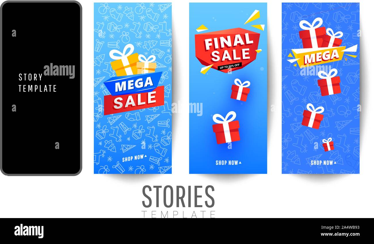 Set Of Christmas Stories Sale Banner Background With Red Surprise