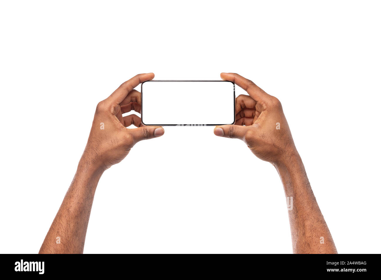 Black man holding mobile phone with blank screen in hands Stock Photo ...