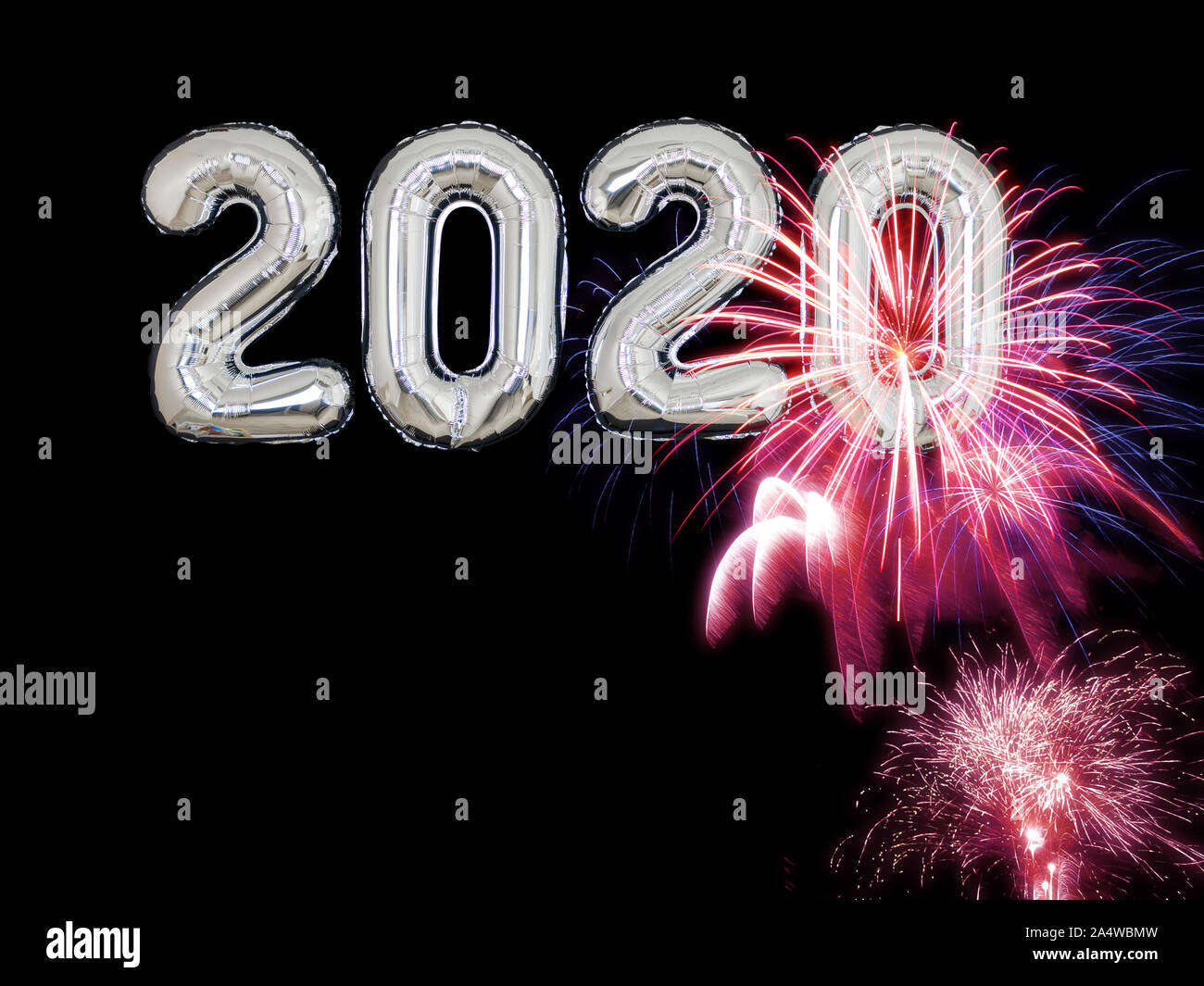 Happy new year 2020 balloons silver and fireworks Stock Photo - Alamy