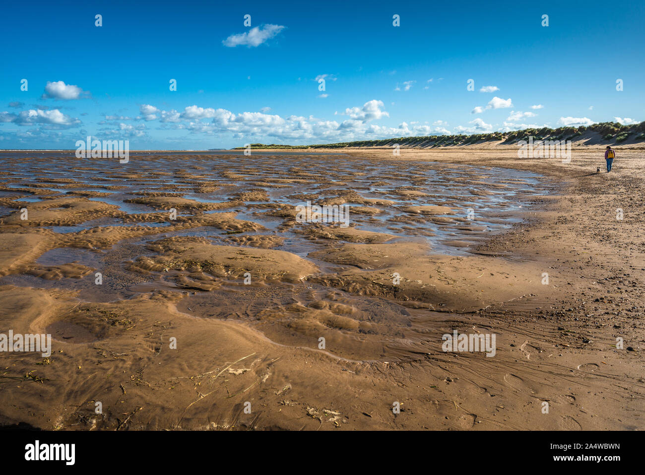 Patterns made by tide pools of water at low tide on Barnham Overy Staithe beach on Holkham bay, North Norfolk coast, East Anglia, England, UK. Stock Photo