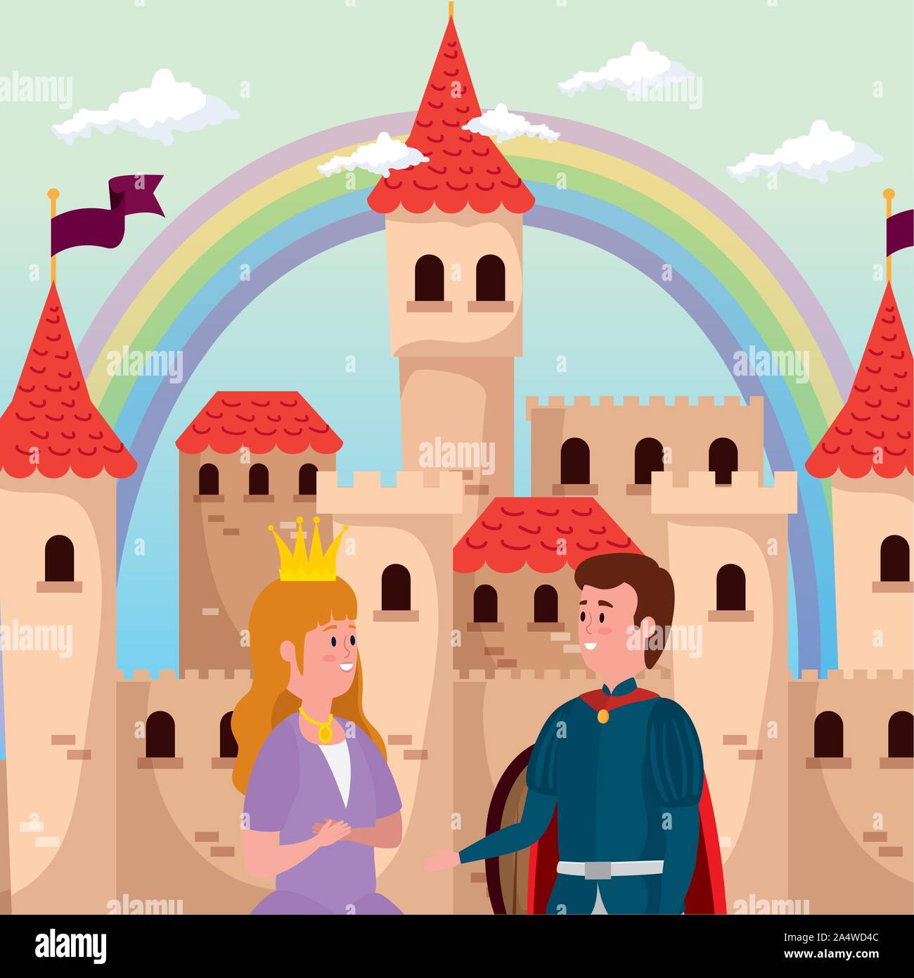 princess with prince and castle in scene fairytale Stock Vector Image ...