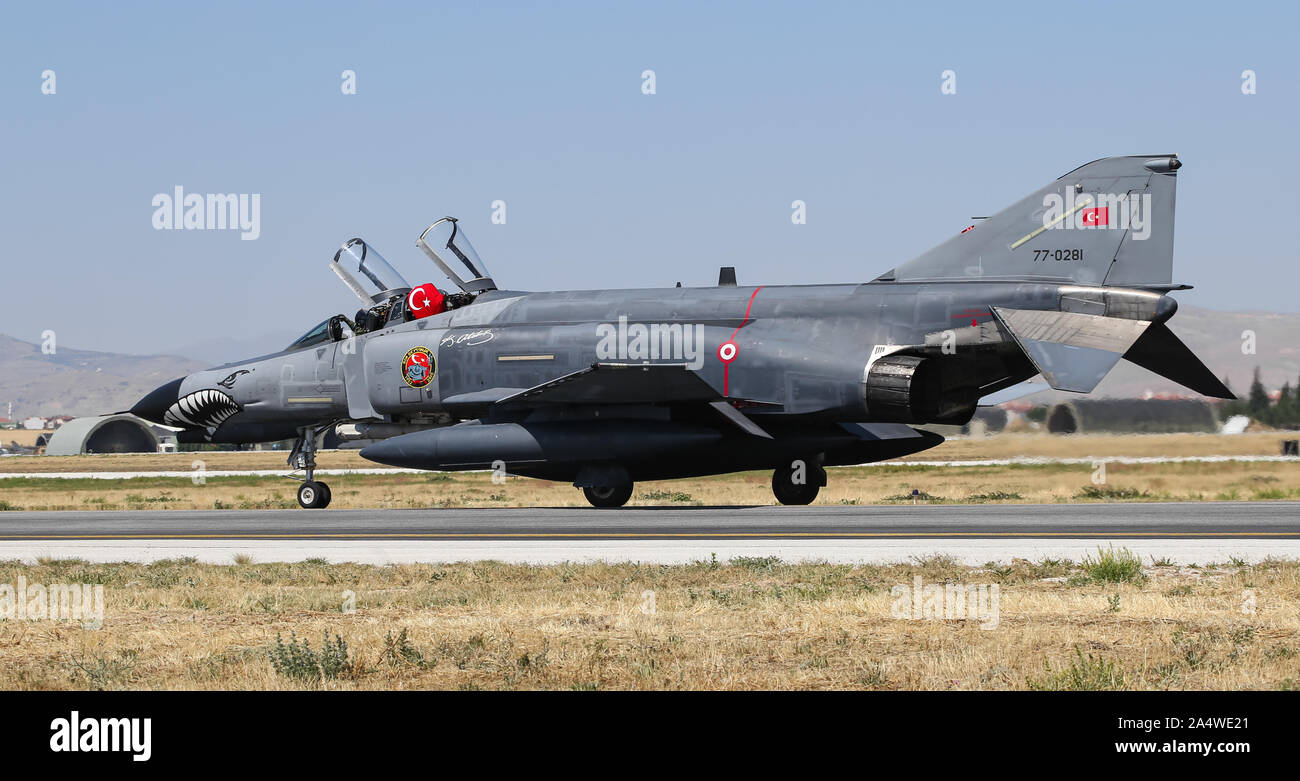 KONYA, TURKEY - JUNE 26, 2019: Turkish Air Force McDonnell Douglas F-4E Phantom II (CN 4989) taxi in Konya Airport during Anatolian Eagle Air Force Ex Stock Photo