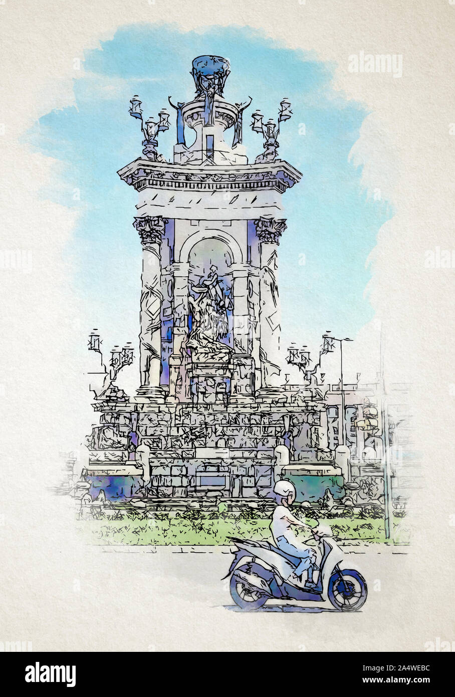 Artwork in painting style Barcelona, Spain. Plaza de Espana pen and watercolor illustration Stock Photo