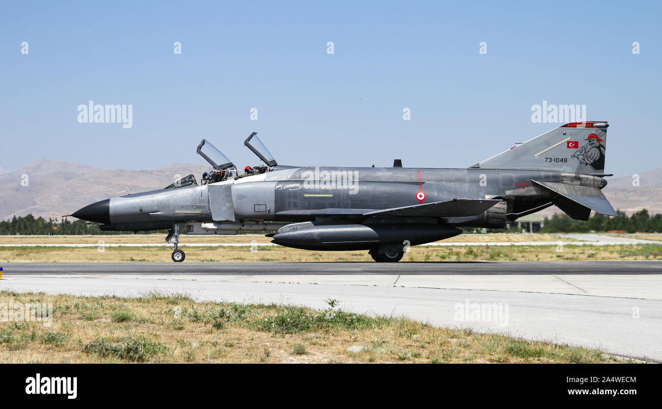KONYA, TURKEY - JUNE 26, 2019: Turkish Air Force McDonnell Douglas F-4E Terminator 2020 (CN 4688) taxi in Konya Airport during Anatolian Eagle Air For Stock Photo