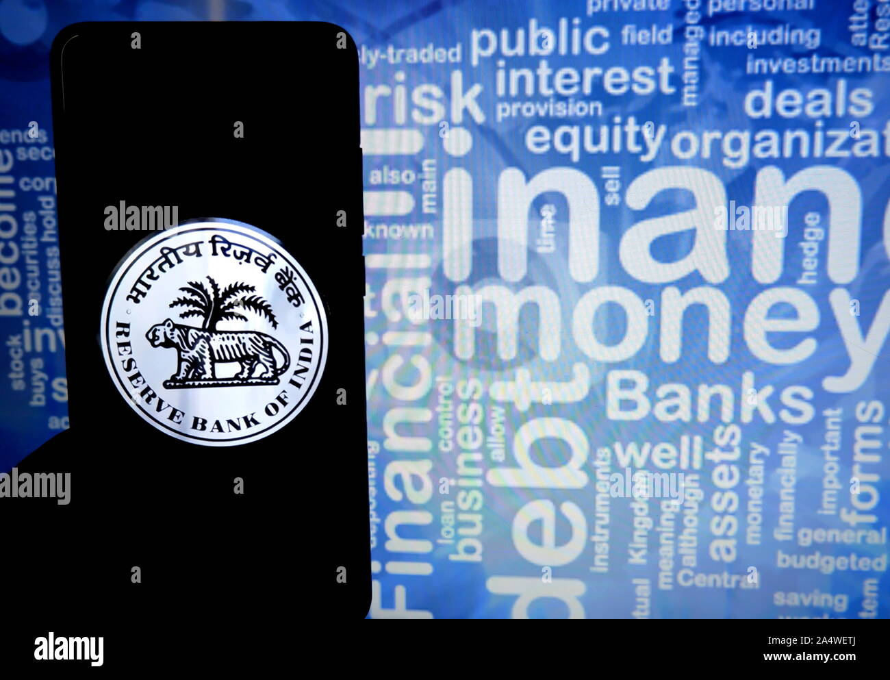 In this photo illustration Reserve Bank of India logo seen display on a smartphone. Stock Photo
