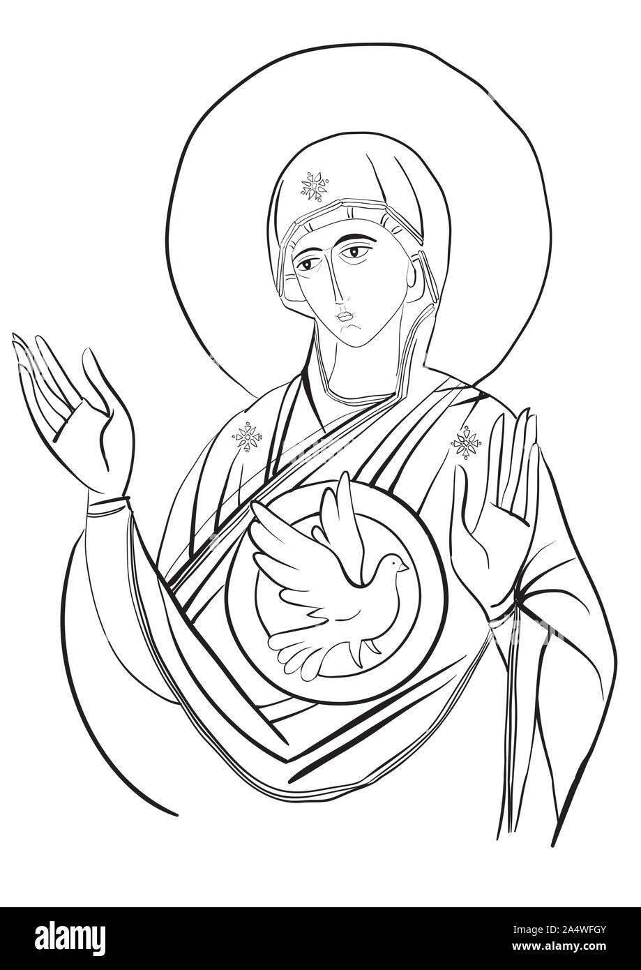 An outline draw of Saint Mary of Nazareth with Holy Spirit - symbol of School of Mary - Catholic community. Icon of Our Lady Stock Photo
