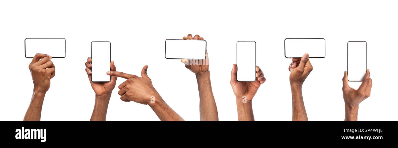 Set of black man's hands holding smartphone with blank screen Stock ...