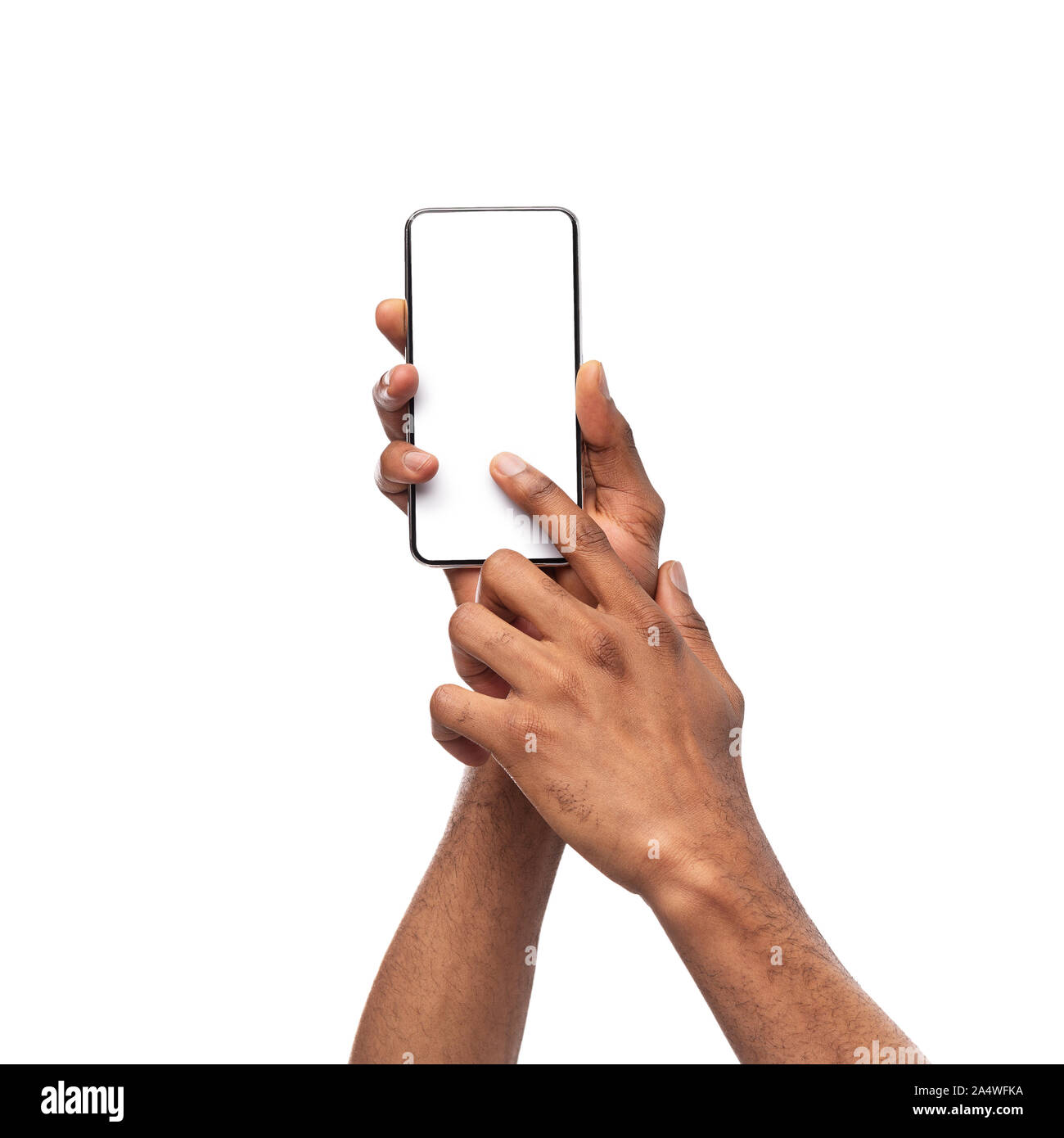 Man holding smartphone with blank screen and pointing on it Stock Photo